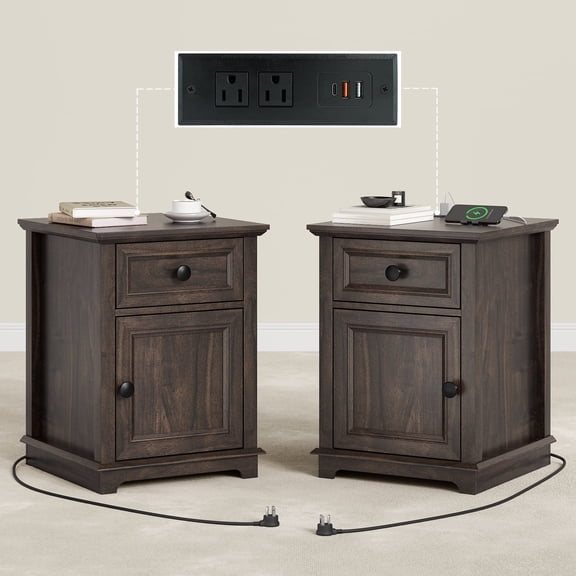 FAGAGA End Tables Set of 2 for Living Room with Charging Station, Side Table with Drawer and Adjustable Storage Shelf, Rustic Wooden Nightstands for Bedroom | Brown