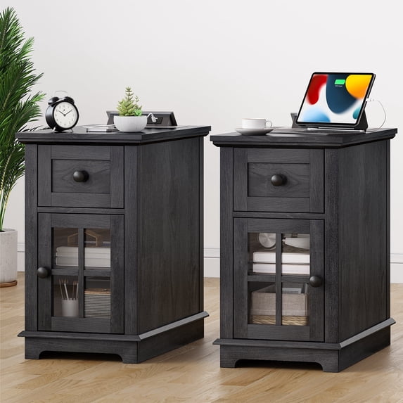 FAGAGA Nightstands Set of 2 with Drawer for Bedroom, Wood End Table with Charging Station for Living Room, Retro Bedside Table with Storage Holder | Blackgrey