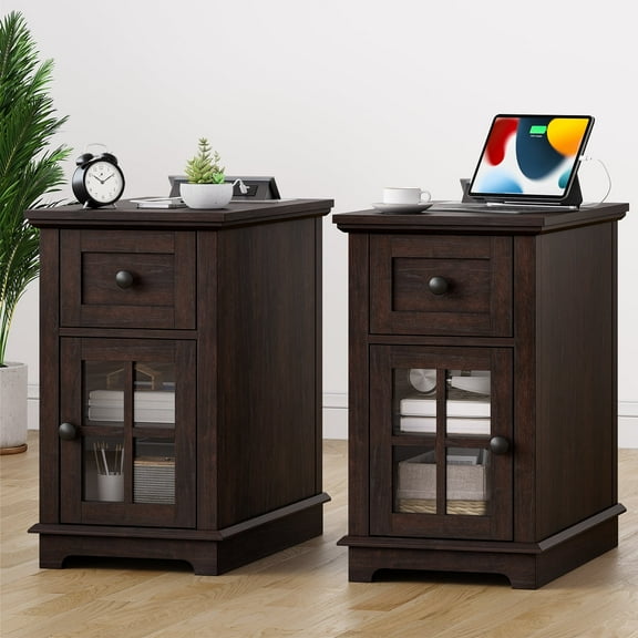FAGAGA Nightstands Set of 2 with Drawer for Bedroom, Wood End Table with Charging Station for Living Room, Retro Bedside Table with Storage Holder | Espresso