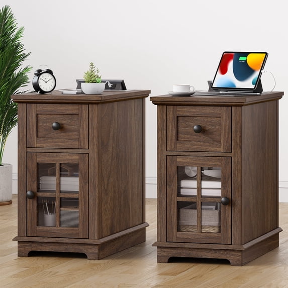 FAGAGA Nightstands Set of 2 with Drawer for Bedroom, Wood End Table with Charging Station for Living Room, Retro Bedside Table with Storage Holder | Walnut