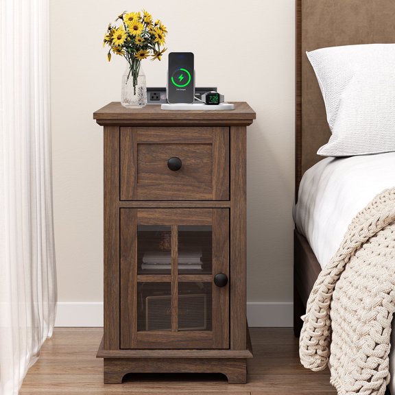 FAGAGA Nightstands with Drawer for Bedroom, Wood End Table with Charging Station for Living Room, Retro Bedside Table with Storage Holder | Walnut