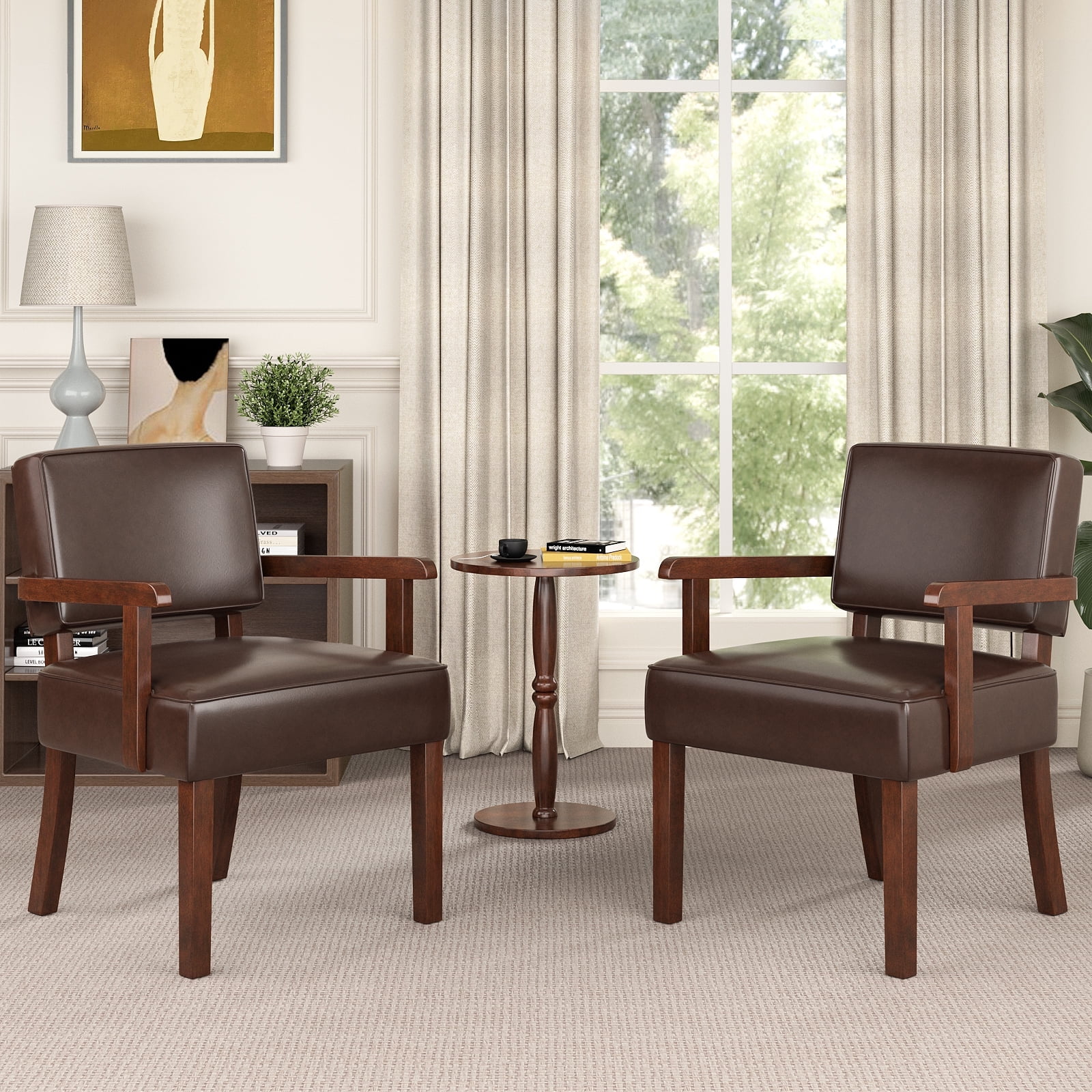 FAGAGA Accent Chair Set of 2 with Table, Mid Century Modern PU Leather Chair for Living Room, Oversized Chair for Reading Room, Reception Room, Bedroom | Leather Brown