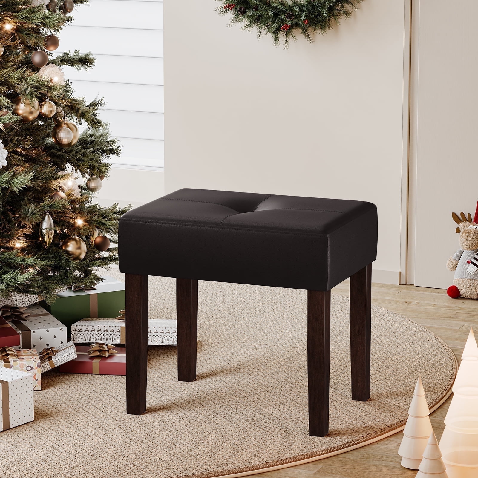 FAGAGA PU Leather Bench with Wood Legs Makeup Chair for Vanity, Modern