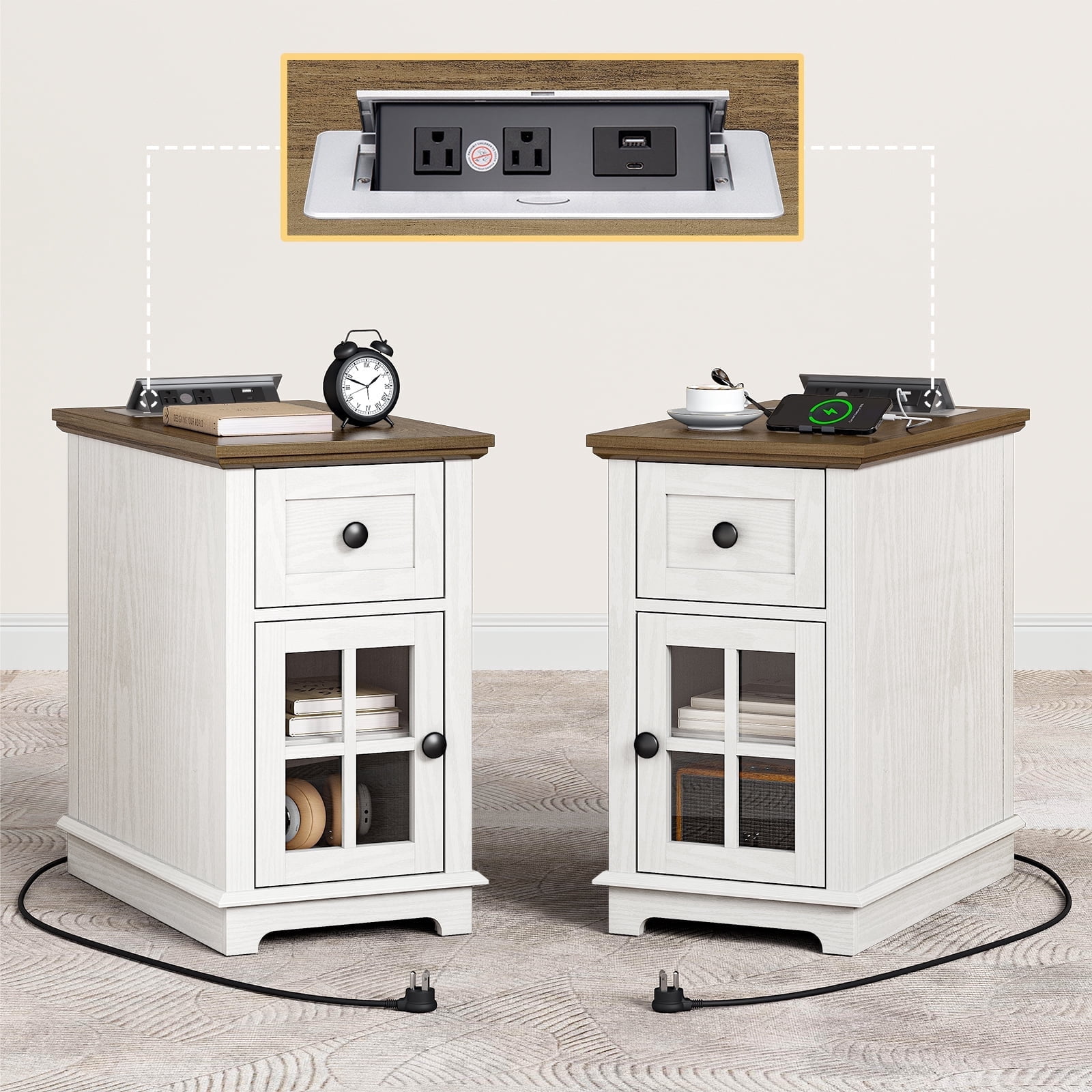 FAGAGA End Table for Living Room Set of 2,Farmhouse Nightstand with Drawer for Bedroom,White