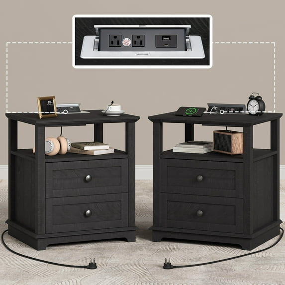 FAGAGA Set of 2 End Table with Charging Station for Living Room,Wooden Nightstand for Bedroom, Black
