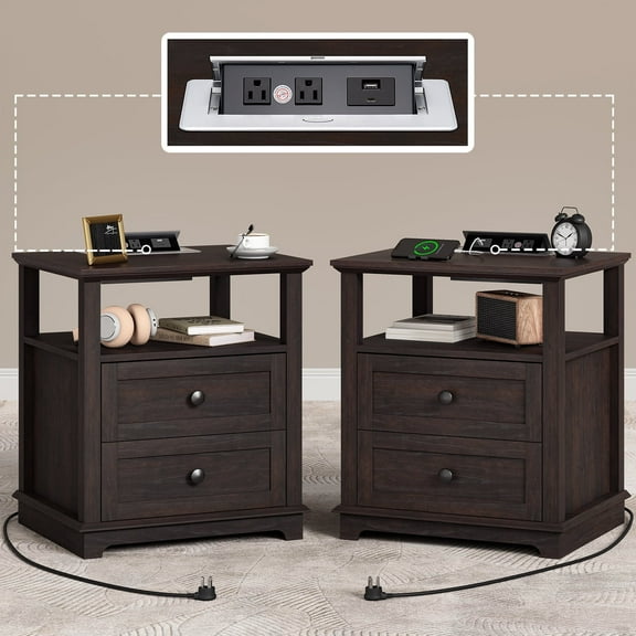 FAGAGA Set of 2 End Table with Charging Station for Living Room,Wooden Nightstand for Bedroom, Espresso