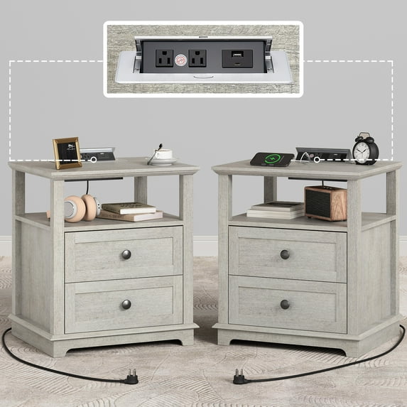 FAGAGA Set of 2 End Table with Charging Station for Living Room,Wooden Nightstand for Bedroom, Light Rustic Oak