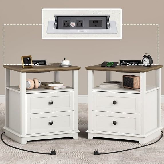 FAGAGA Set of 2 End Table with Charging Station for Living Room,Wooden Nightstand for Bedroom, White