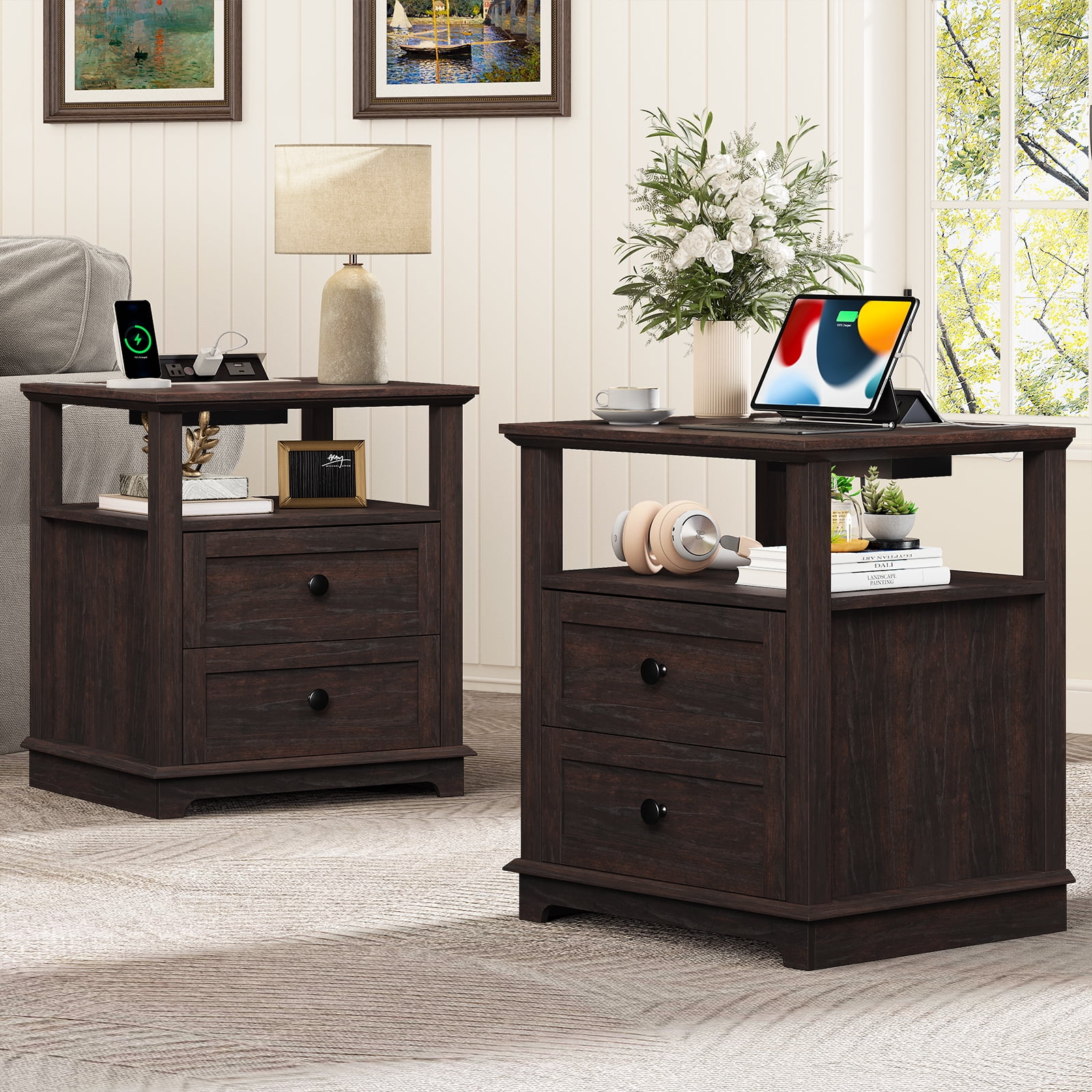 FAGAGA Set of 2 Nightstands with 2 Drawers for Bedroom, End Table with Charging Station for Living Room, Wooden Side Table with Storage | Espresso