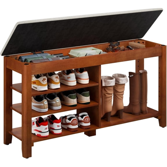 PLAMLE Shoe Rack Bench with Cushion, Flip-Top Storage Entryway Bench, Solid Wood Shoe Organizer with Adjustable Shelves for Hallway, Living Room, Mudroom