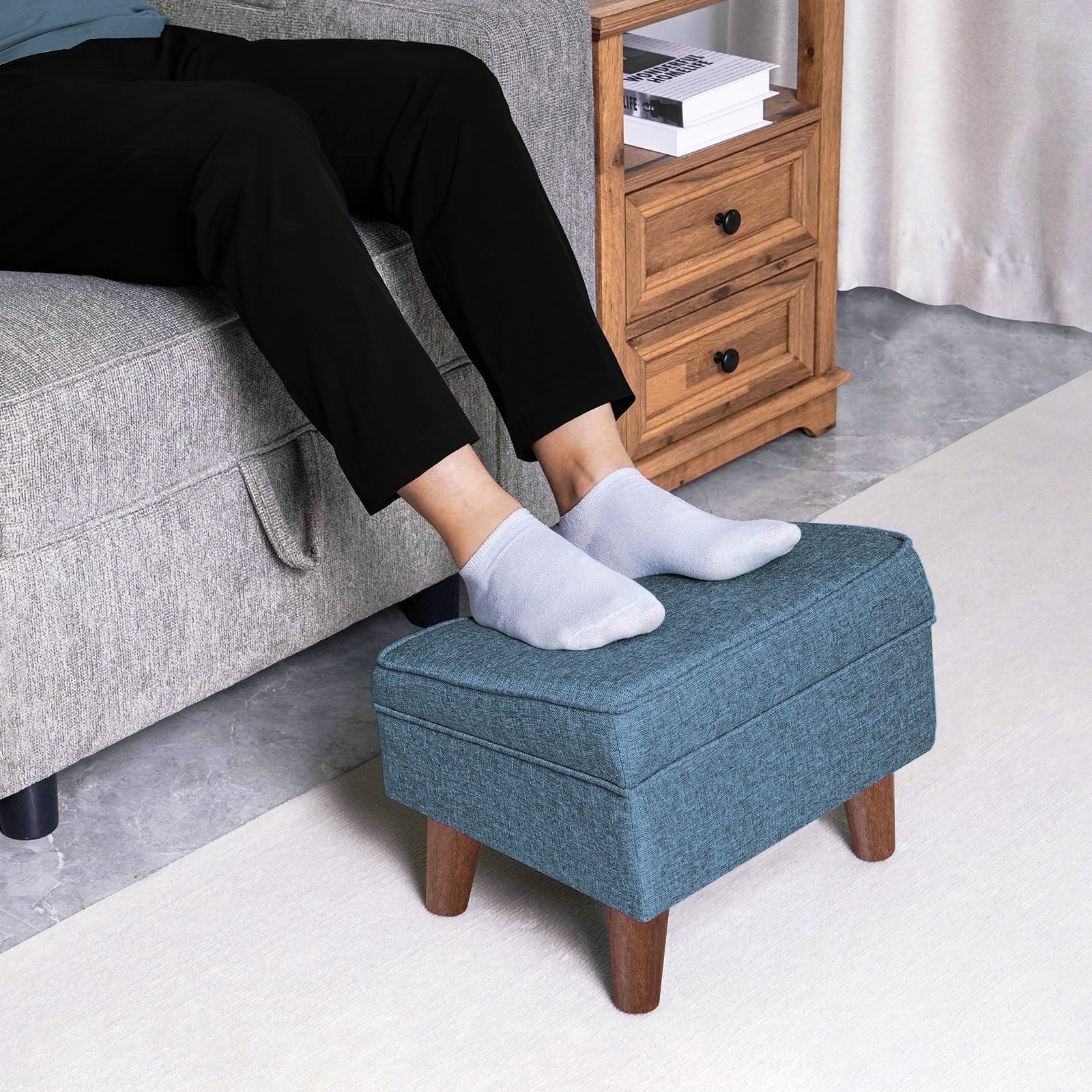 FAGAGA Small Storage Ottoman, Adjustable Foot Stool for Living Room, Step Stool Ottoman with Storage, Upholstered Linen Foot Rest for Bedroom, Dorm | Blue