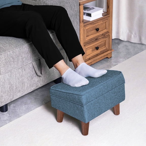 FAGAGA Small Storage Ottoman, Adjustable Foot Stool for Living Room, Step Stool Ottoman with Storage, Upholstered Linen Foot Rest for Bedroom, Dorm | Blue