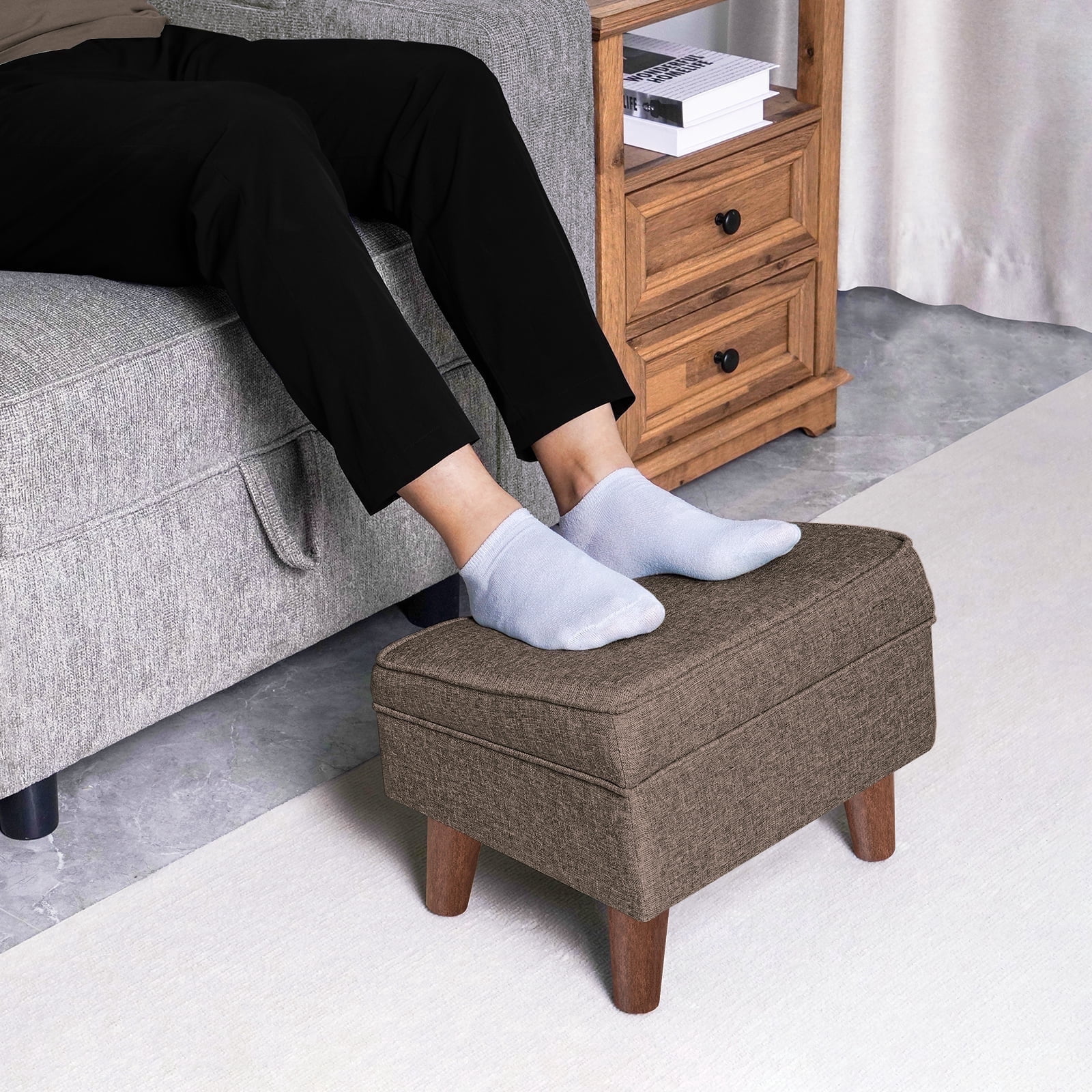 FAGAGA Small Storage Ottoman, Adjustable Foot Stool for Living Room, Step Stool Ottoman with Storage, Upholstered Linen Foot Rest for Bedroom, Dorm | Brown