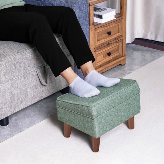 FAGAGA Small Storage Ottoman, Adjustable Foot Stool for Living Room, Step Stool Ottoman with Storage, Upholstered Linen Foot Rest for Bedroom, Dorm | Green