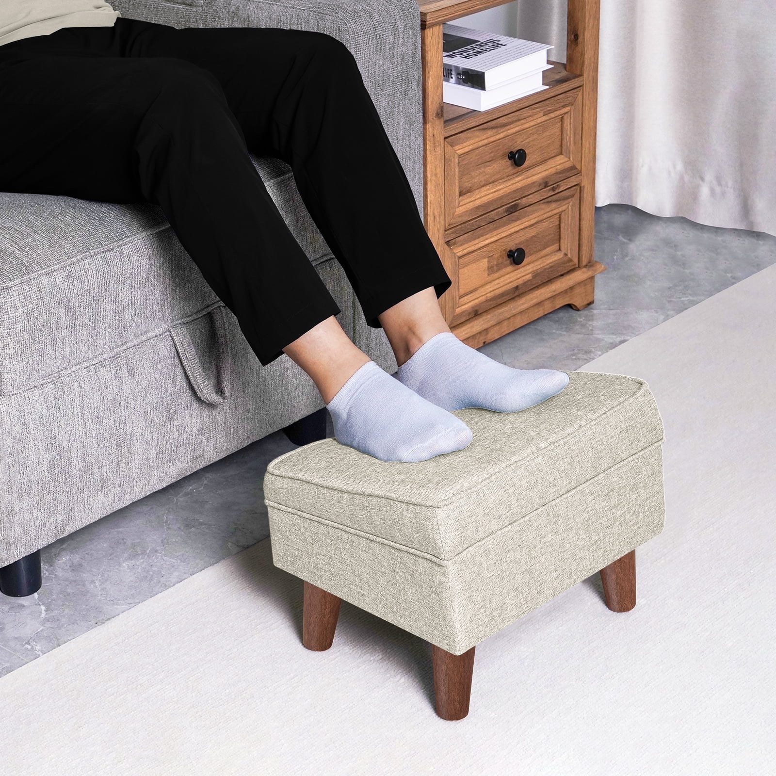 FAGAGA Small Storage Ottoman, Adjustable Foot Stool for Living Room, Step Stool Ottoman with Storage, Upholstered Linen Foot Rest for Bedroom, Dorm | Beige