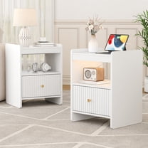 FAGAGA Set of 2 End end Table with Charging Station and Storage Shelf for Living Room,Wooden Nightstand for Bedroom with Drawer end table,White