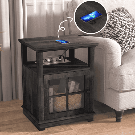 FAGAGA Wood Nightstands with Charging Station, End Table with Storage Shelf for Living Room, Vintage Bedside Table for Bedroom, Dorm | Black
