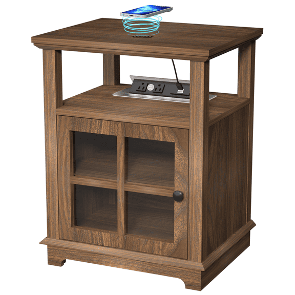 FAGAGA Wood Nightstands with Charging Station, End Table with Storage Shelf for Living Room, Vintage Bedside Table for Bedroom, Dorm | Walnut