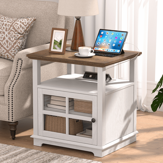 FAGAGA Wood Nightstands with Charging Station, End Table with Storage Shelf for Living Room, Vintage Bedside Table for Bedroom, Dorm | Whitewash