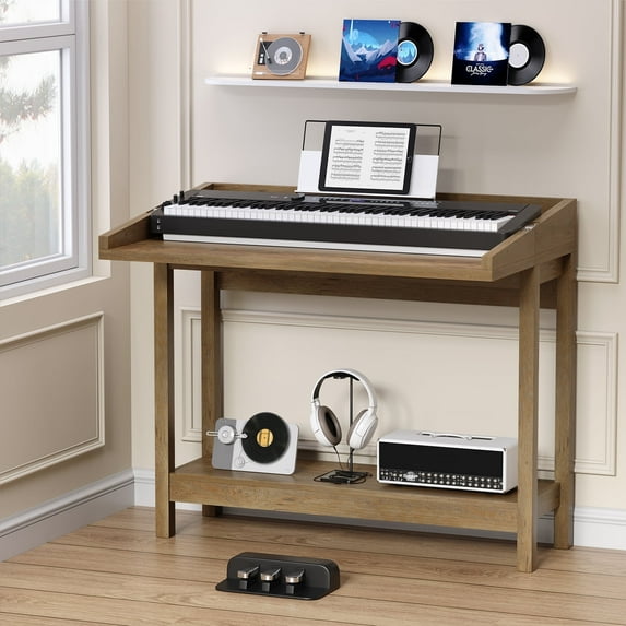 FAGAGA Wooden Console Table with Charging Station for Electronic Piano, Foldable Sofa Table with Storage for Living Room, Multifunctional Desk for Kitchen, Entryway | Brown