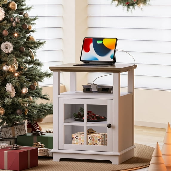 FAGAGA Wooden End Table with Charging Station, Wood Side Tables with Storage, Fast Charging Nightstands with Adjustable Shelf for Bedroom, Living Room | White