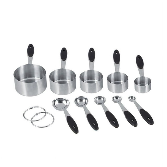 FAGINEY 10 Piece Measuring Cups and Spoons Set in 18/8 Stainless Steel 5 Measuring Cups & 5 Measuring Spoons with Silicone Handles for Baking Accessories (Black)
