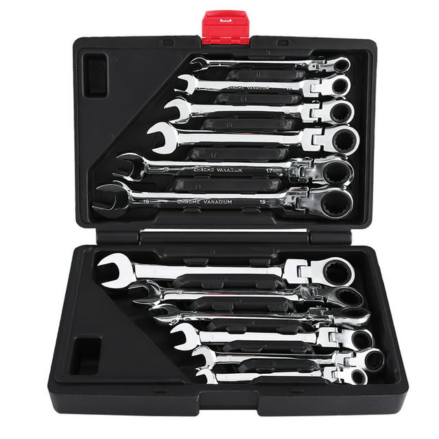 FAGINEY 12-Piece 8-19mm Metric Flex-Head Ratcheting Wrench Set, Professional Superior Quality Chrome Vanadium Steel Combination Ended Standard Kit with Portable Tool Case