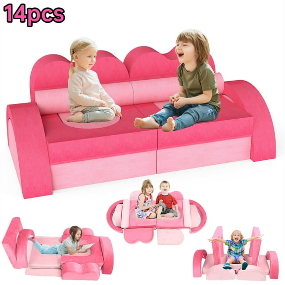 FAGINEY 14PC Modular Kids Play Couch, Foam Couch for Toddlers Set, DIY Toddler Sofa for Forts, for Boys and Girls, Pink
