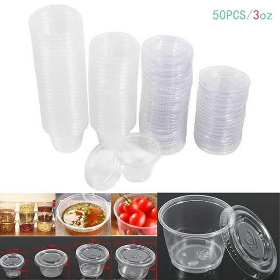 3 oz Disposable Cups with Lids, 50Pcs Plastic Clear Chutney Sauce Cups Food Takeaway Hot Souffle Portion Container Cups