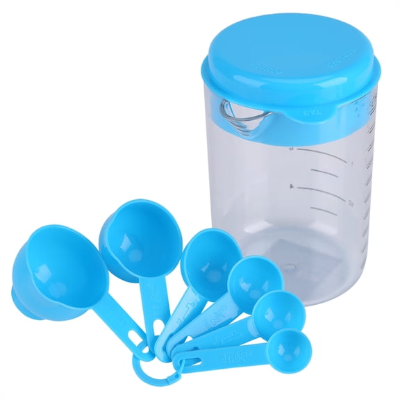 Plastic Measuring Cup Spoons Set, 7Pcs Kitchen Measuring Cups + Spoons Measure Water Liquid Tea Coffee Measuring Tools Blue