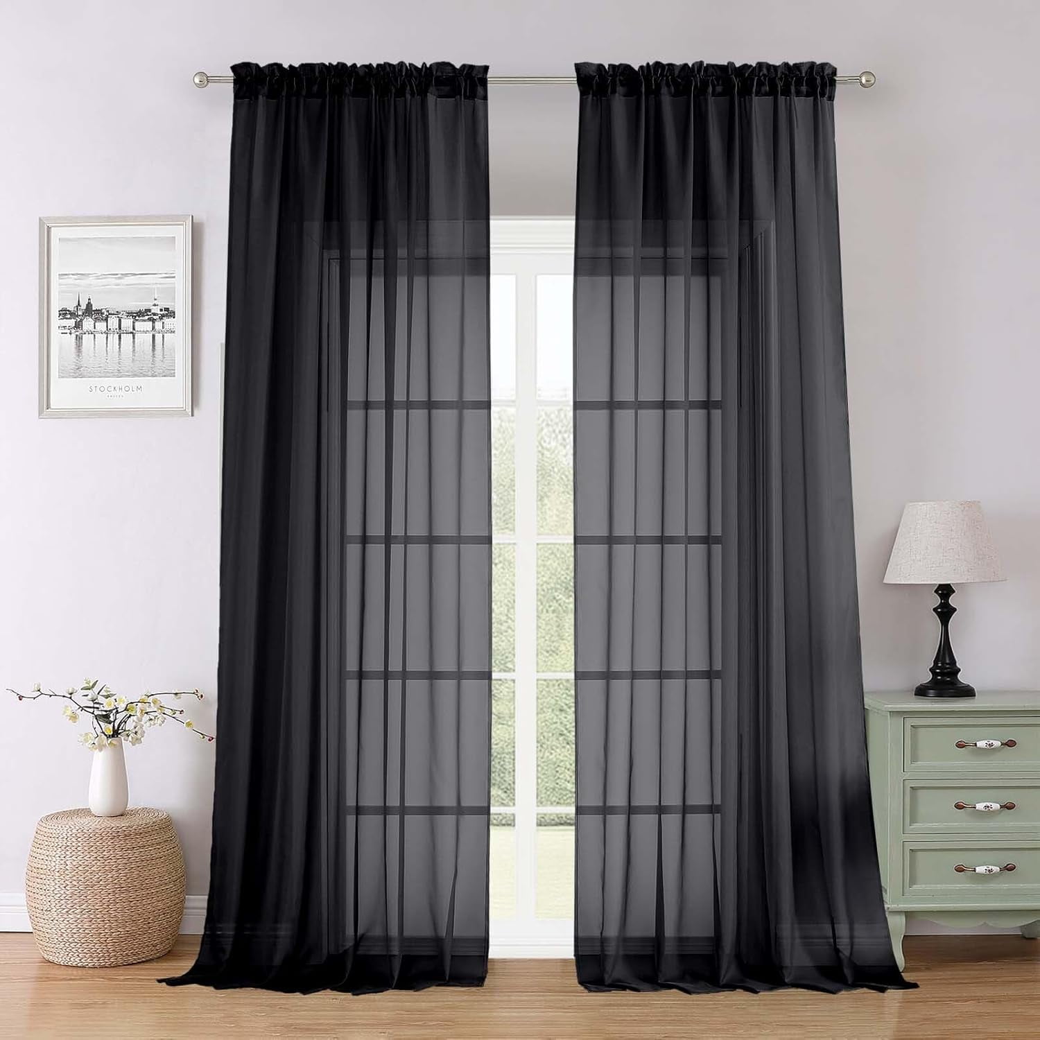 FAGRSABlack Sheer Curtains 96 Inches Long 2 Panels, Solid Airy Voile — free download
