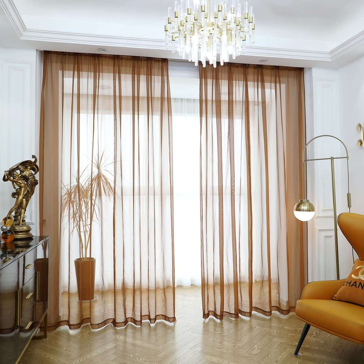 FAGRSA-Window Sheer Brown Curtains 140 Inches Long 2 Panels Sheer Brown Curtains Sheer Curtain Clear Transparent Basic Rod Pocket Panel 15 Colors 10 Size for Bedroom Living Room Yard Kitchen