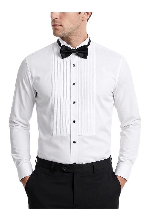 Men's White Tuxedo Shirt with Wing Collar, French Cuffs & Accessories-Black Bow Tie, L