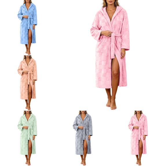 FAHUOMU Bathrobes For Women With Hood Plush Fleece Checkered Pattern Long Sleeve Flannel Robe With Pockets
