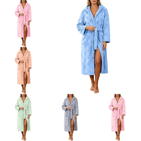 FAHUOMU Bathrobes For Women With Hood Plush Fleece Checkered Pattern Long Sleeve Flannel Robe With Pockets