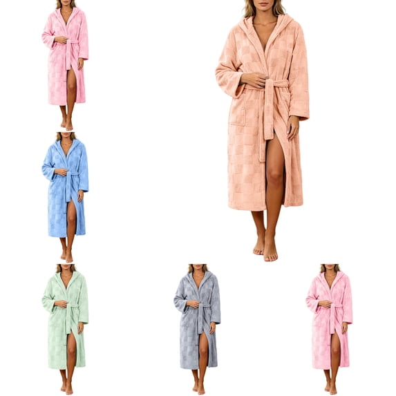 FAHUOMU Bathrobes For Women With Hood Plush Fleece Checkered Pattern Long Sleeve Flannel Robe With Pockets