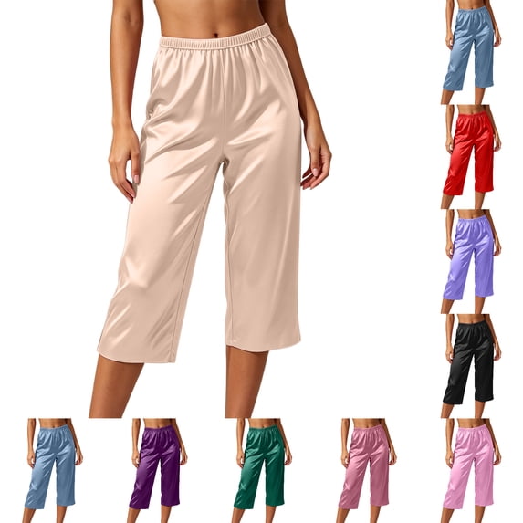 FAHUOMU Capri Pants For Women Cropped Satin Silky Lounge Bottoms Wide Leg High Elastic Waist Pajamas For Summer