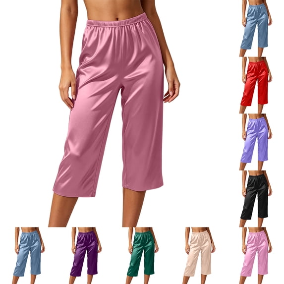 FAHUOMU Capri Pants For Women Cropped Satin Silky Lounge Bottoms Wide Leg High Elastic Waist Pajamas For Summer