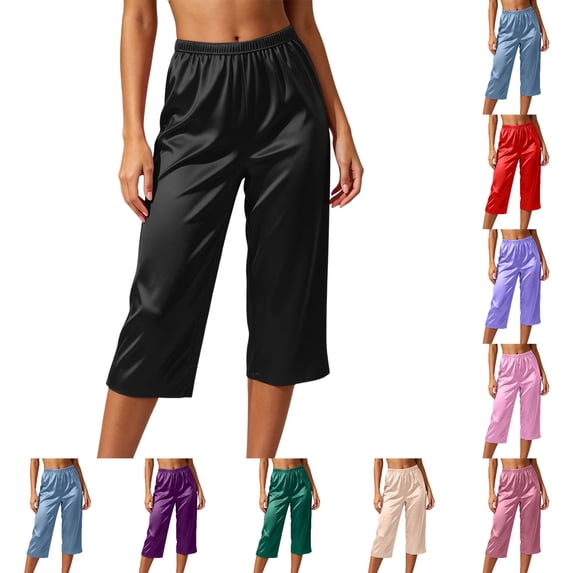 FAHUOMU Capri Pants For Women Cropped Satin Silky Lounge Bottoms Wide Leg High Elastic Waist Pajamas For Summer