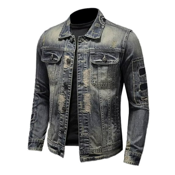 FAHUOMU Denim Jacket Mens Slim Fit Retro Distressed Ruched Jackets Paneled Button-Down Denim Jacket Fashion Versatile Coats