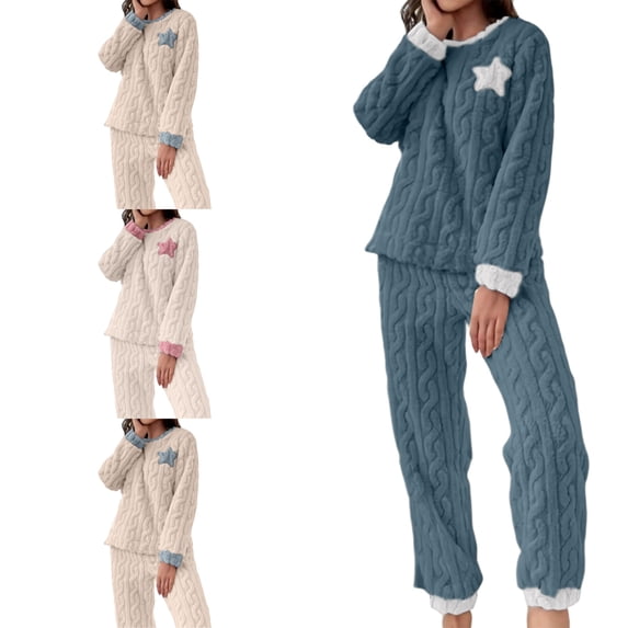 FAHUOMU Fleece Pajama Sets For Women 2 Piece Soft Cozy Pullover Clothes Printed Loungewear Sleepwear For Winter