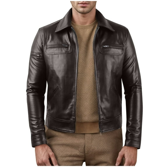 FAHUOMU Leather Jacket Men | Vintage Full Zipper Genuine Leather Jacket | Shirt Collar Lapel Solid Mens Leather Jacket