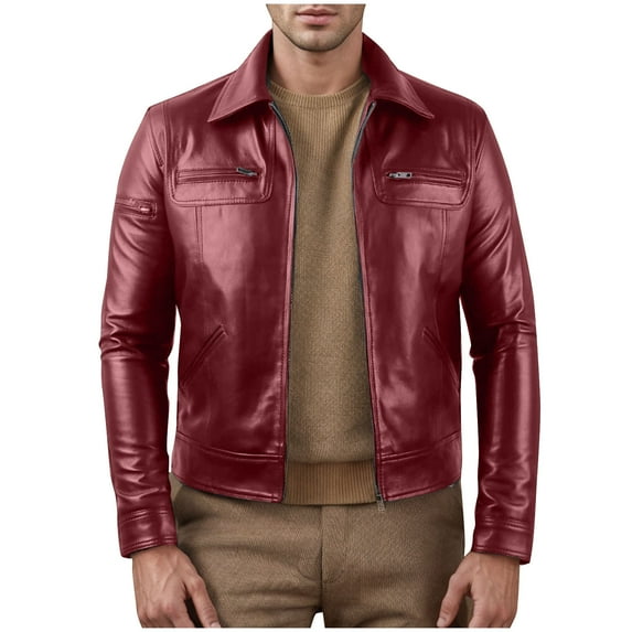 FAHUOMU Leather Jacket Men | Vintage Full Zipper Genuine Leather Jacket | Shirt Collar Lapel Solid Mens Leather Jacket