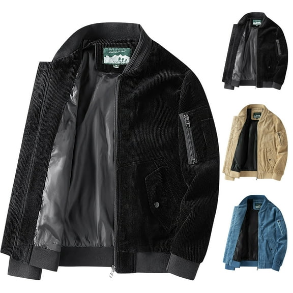 FAHUOMU Men's Corduroy Cotton Jacket Patchwork Pocket Outdoor Coat Zipper Long Sleeve Hoodless Casual Outwear