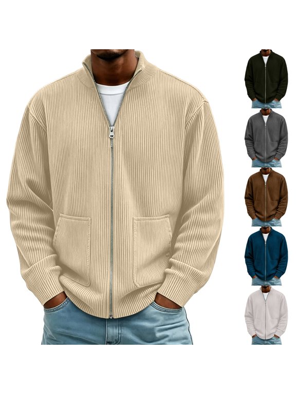 Men's Corduroy Stand Collar Coats Full Zip Lightweight Casual Jacket With Pockets Vintage Old Money Outerwear For Fall Winter