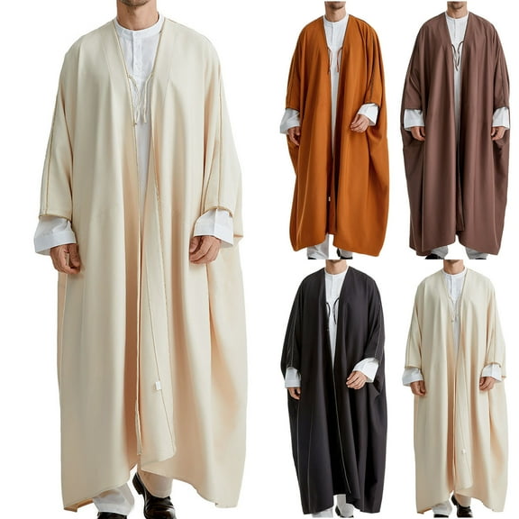 FAHUOMU Men's Muslim Robe Casual Long Sleeve Crew Neck Tunic Thobe for Men Arabic Clothes for Men Arab Robe Caftan
