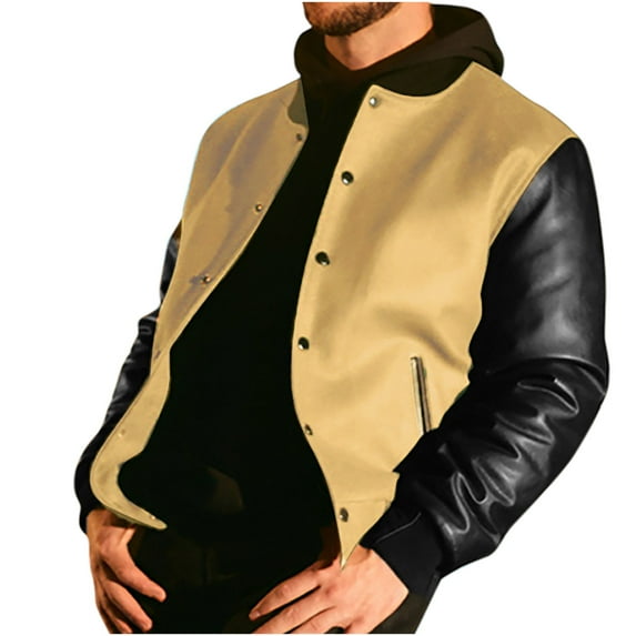 FAHUOMU Men's Varsity Bomber Jacket Wool + Faux Leather Button Down Baseball Jackets Fall Winter Outerwear Coat with Pockets