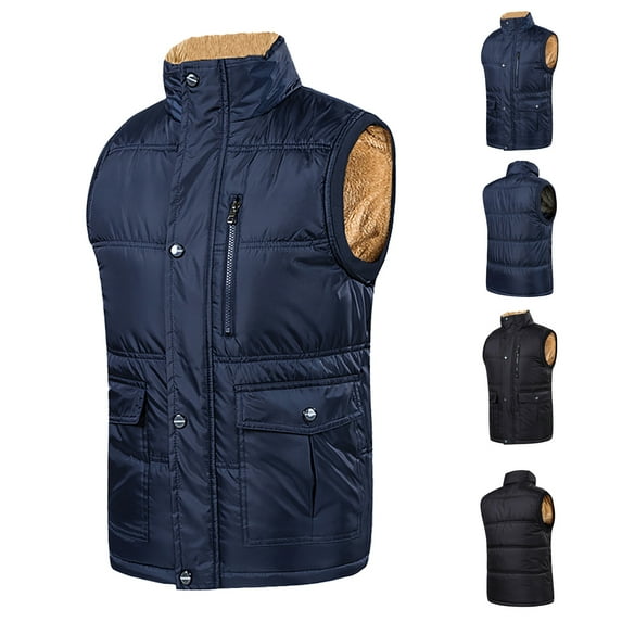 FAHUOMU Men's Winter Warm Outdoor Padded Puffer Vest Thick Fleece Lined Sleeveless Jacket Full Zipper Stand Collar Coats