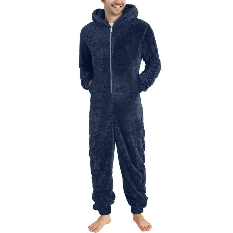 FAHUOMU Mens Hooded Fleece Jumpsuit Warm Plush Fuzzy Zipper Solid Color  Pajamas Soft And Cozy One Piece Nightwear Sleepwear - Walmart.com