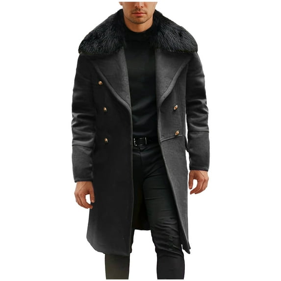 FAHUOMU Mens Wool Blend Double Breasted Overcoat Winter Slim Fit Long Trench Coat Classic Lightweight Business Pea Jacket